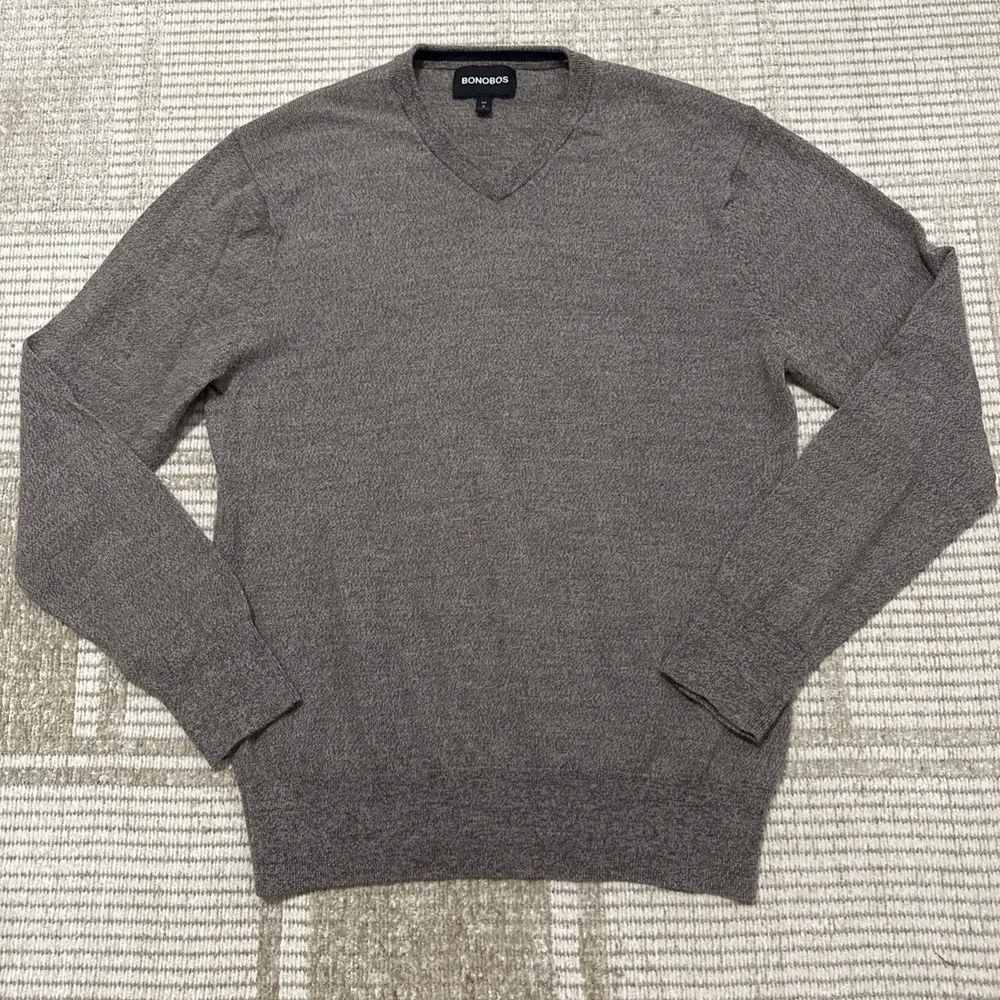Bonobos Sweater Mens Heather Brown Merino Wool Lightweight V Neck Pullover Knit